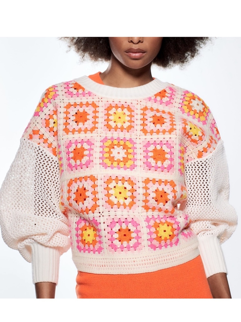 NWOT Zara Granny Square Patchwork Crocheted Tutti Sweater Open Knit Grandma M